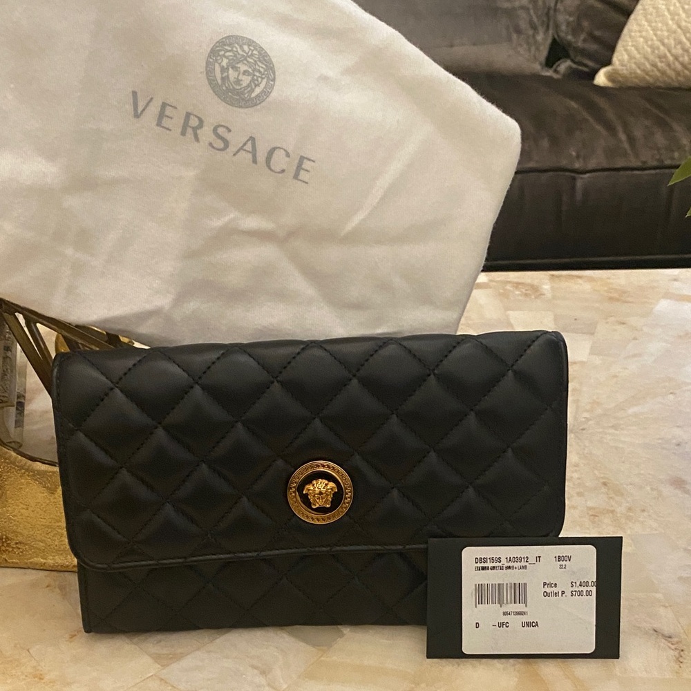 Versace Black Quilted Clutch with Gold Medusa Detail